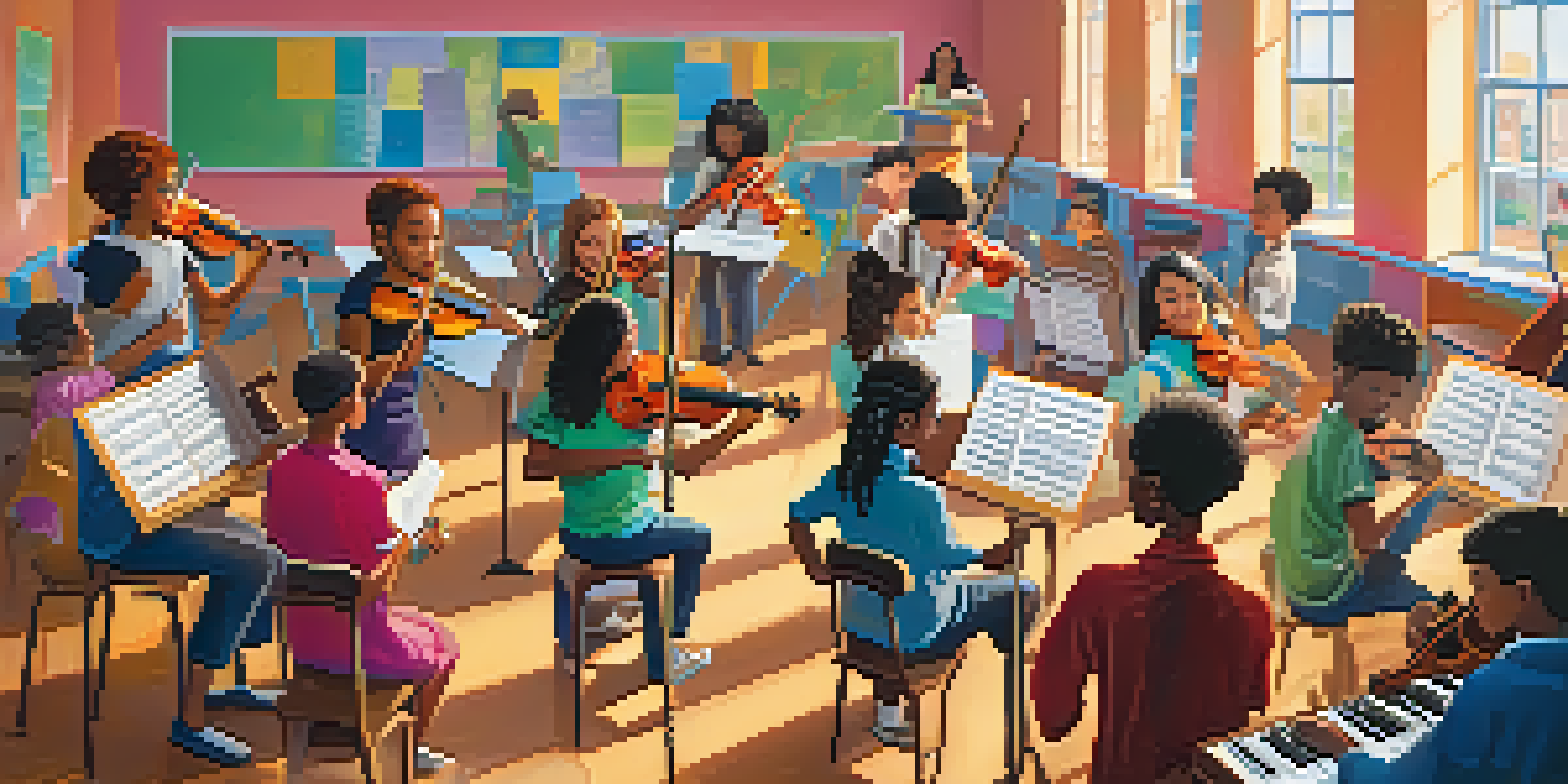A lively music classroom with diverse students playing instruments and a teacher guiding them.