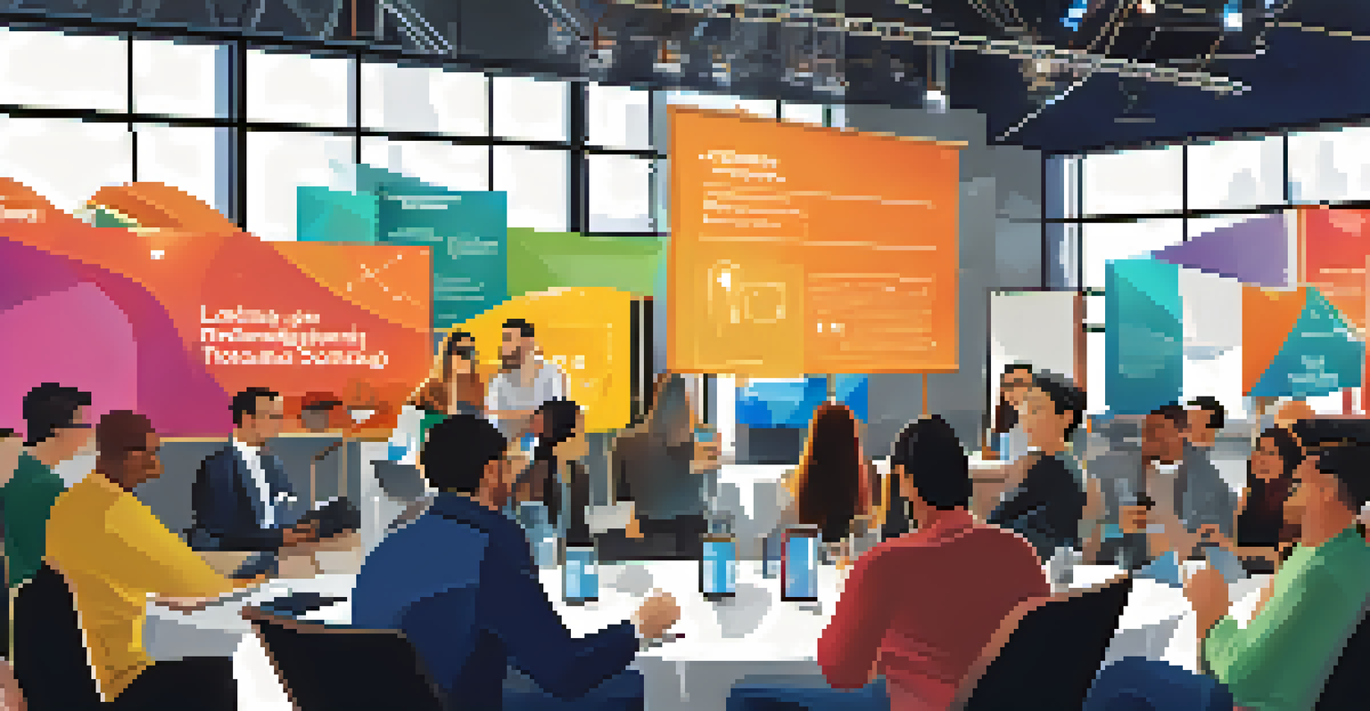 A tech meetup event with attendees networking and discussing technology innovations in a vibrant venue.