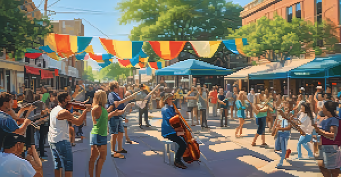 A lively outdoor music performance in Austin with musicians and an enthusiastic crowd under warm sunlight.