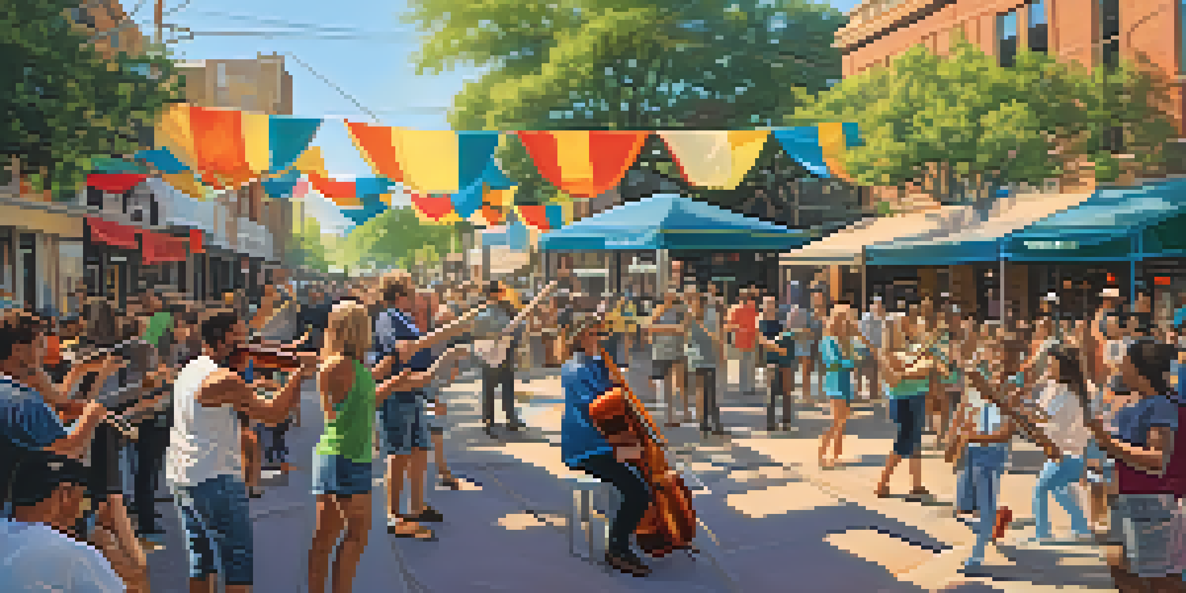 A lively outdoor music performance in Austin with musicians and an enthusiastic crowd under warm sunlight.