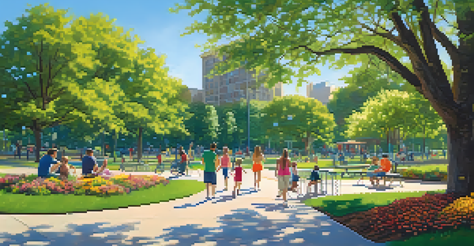 A busy park in Austin filled with families, children, and pets enjoying a sunny day among trees and flowers.