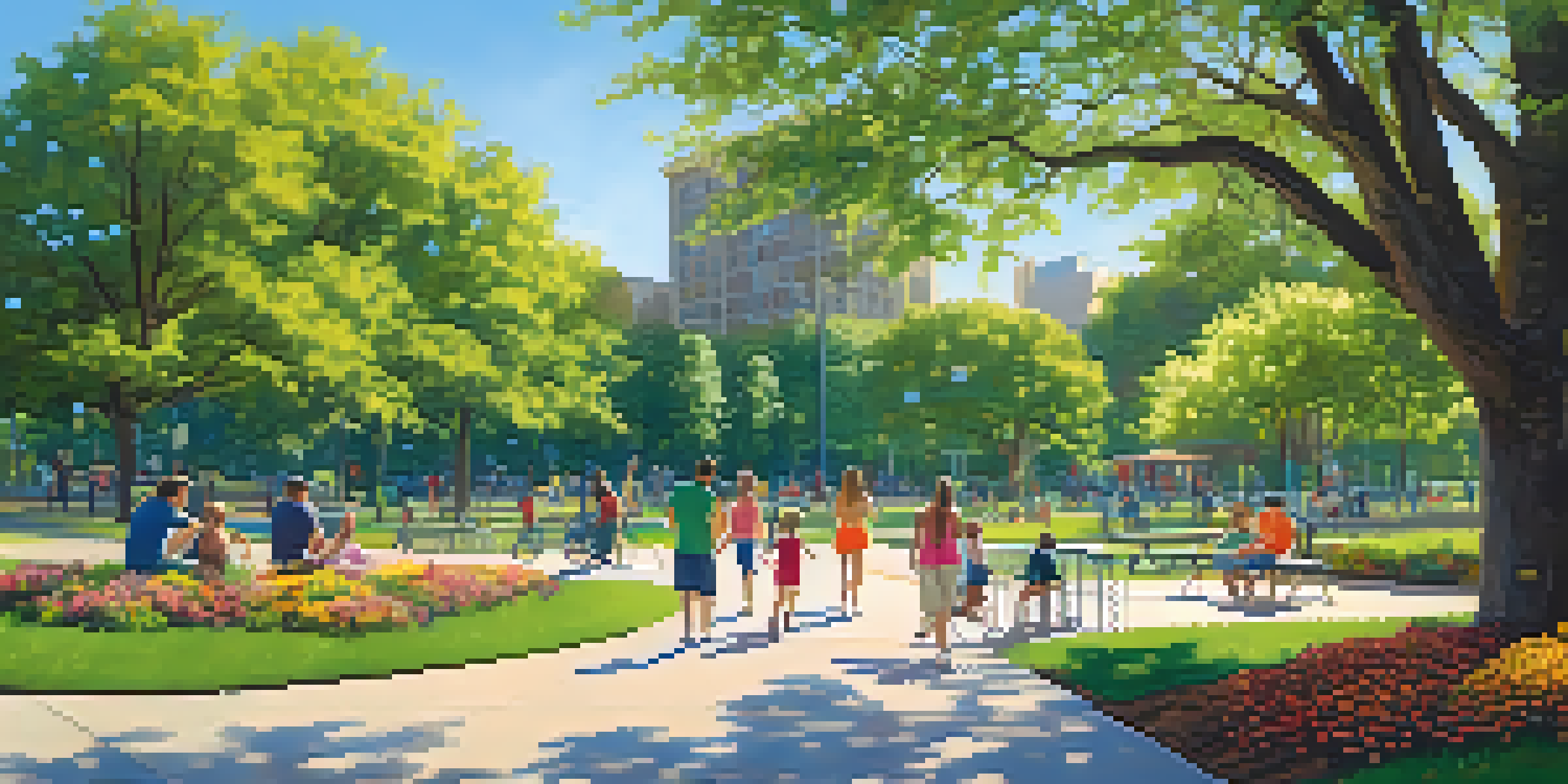 A busy park in Austin filled with families, children, and pets enjoying a sunny day among trees and flowers.
