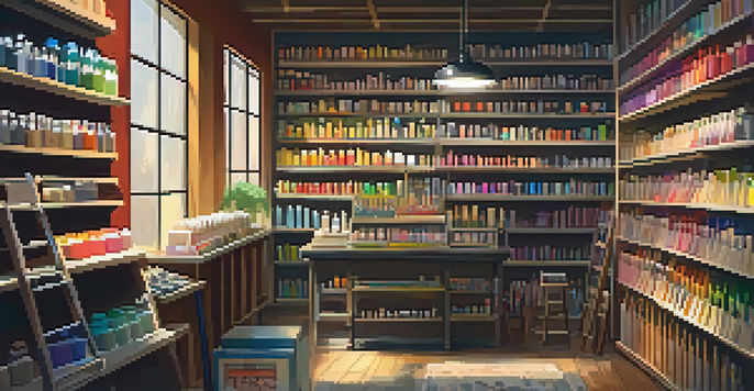 An inviting art supply store with colorful shelves stocked with paints and brushes, a staff member helping a customer, and local artworks on display.