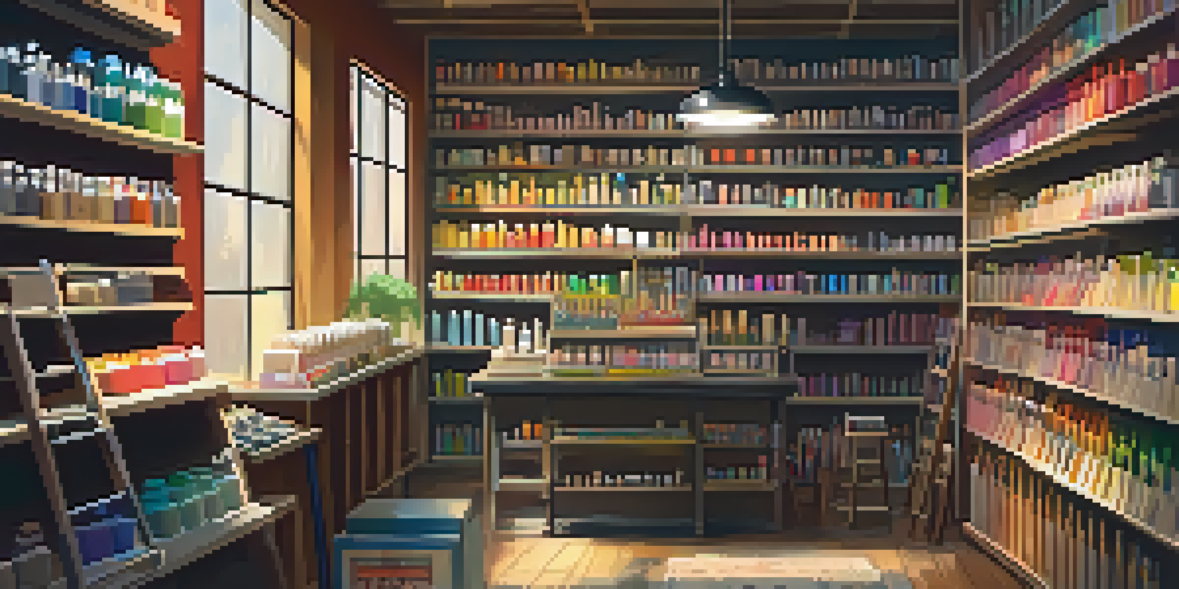 An inviting art supply store with colorful shelves stocked with paints and brushes, a staff member helping a customer, and local artworks on display.