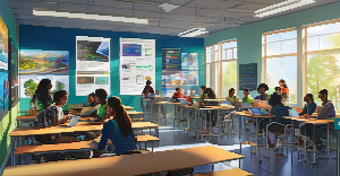 A classroom at a community college featuring diverse students working on computers during a tech workshop, with a warm and inviting atmosphere.