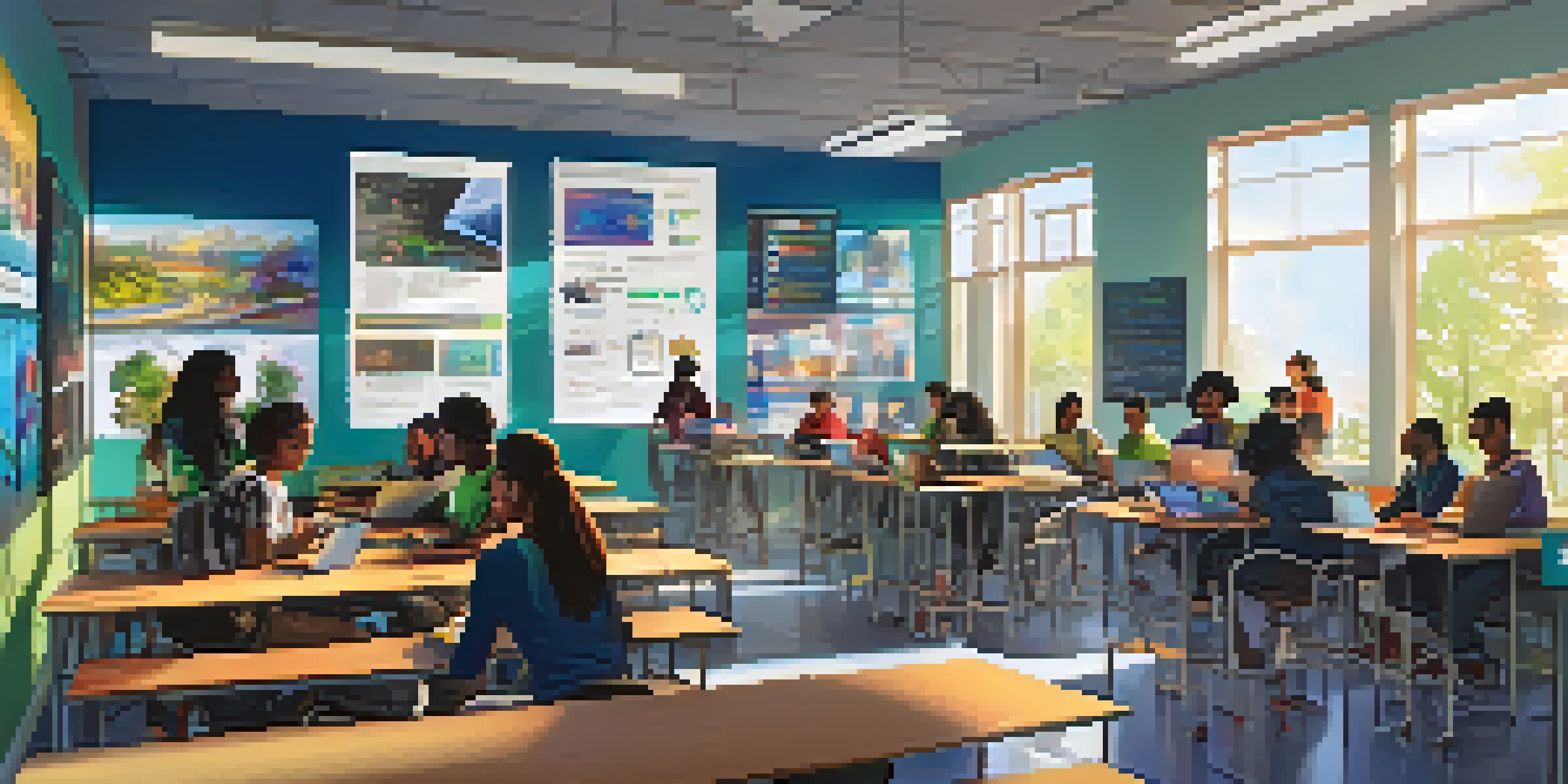 A classroom at a community college featuring diverse students working on computers during a tech workshop, with a warm and inviting atmosphere.