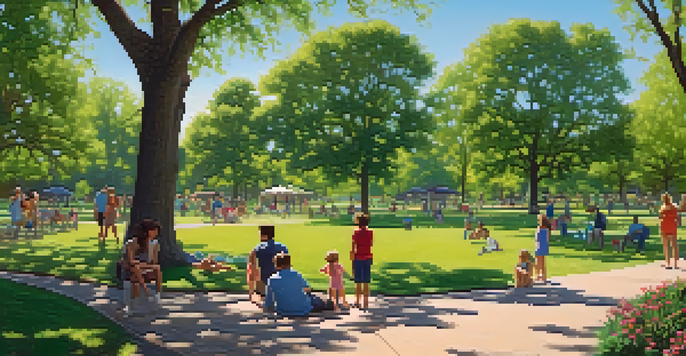 A lively park scene in Austin with families picnicking, children playing frisbee, and couples walking along a beautiful path under a clear blue sky.
