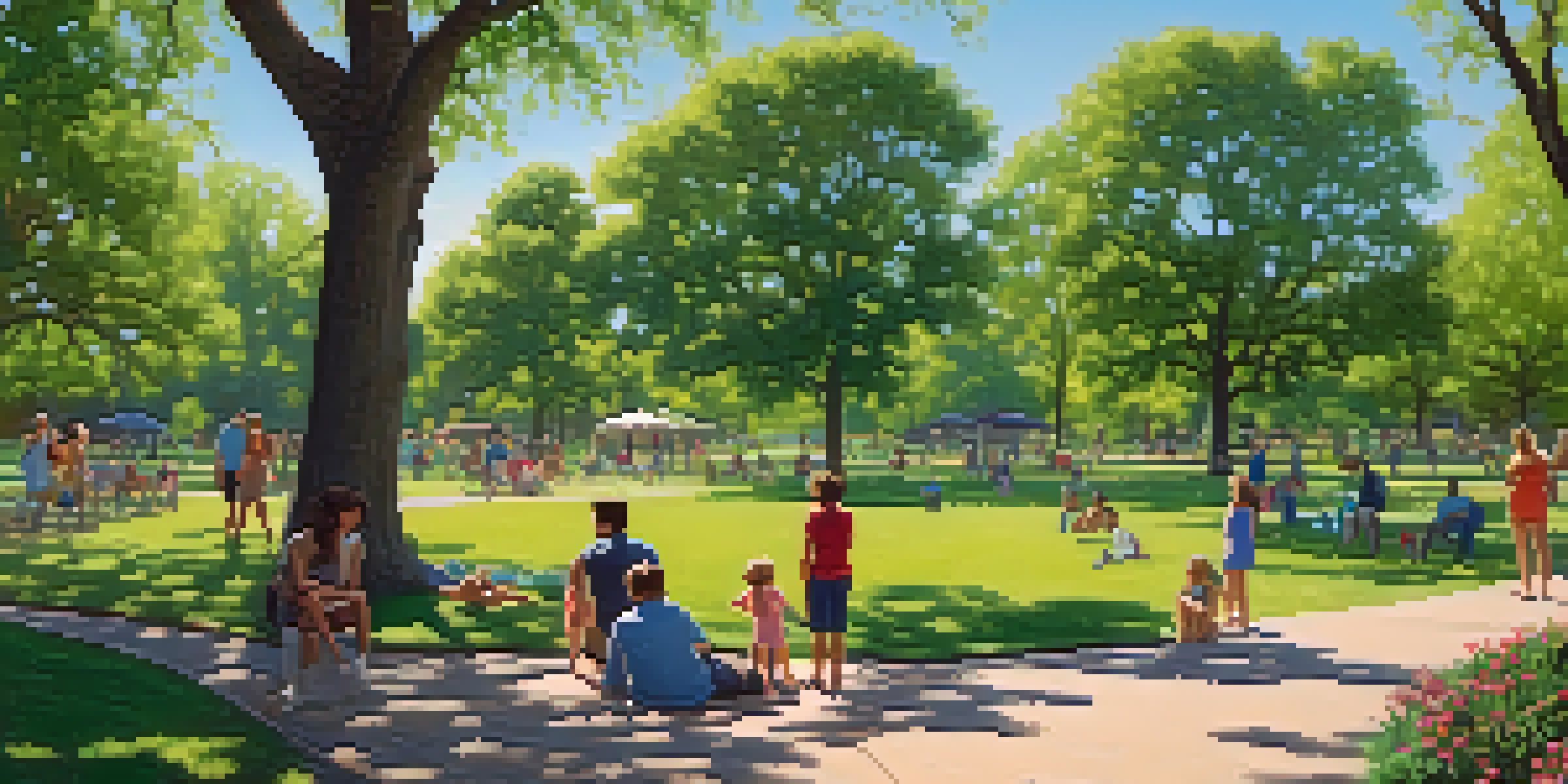 A lively park scene in Austin with families picnicking, children playing frisbee, and couples walking along a beautiful path under a clear blue sky.