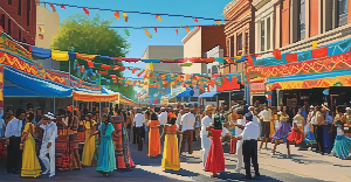 A lively street scene at a cultural festival in Austin, featuring people in traditional clothing, colorful decorations, and food stalls with a stage in the background.