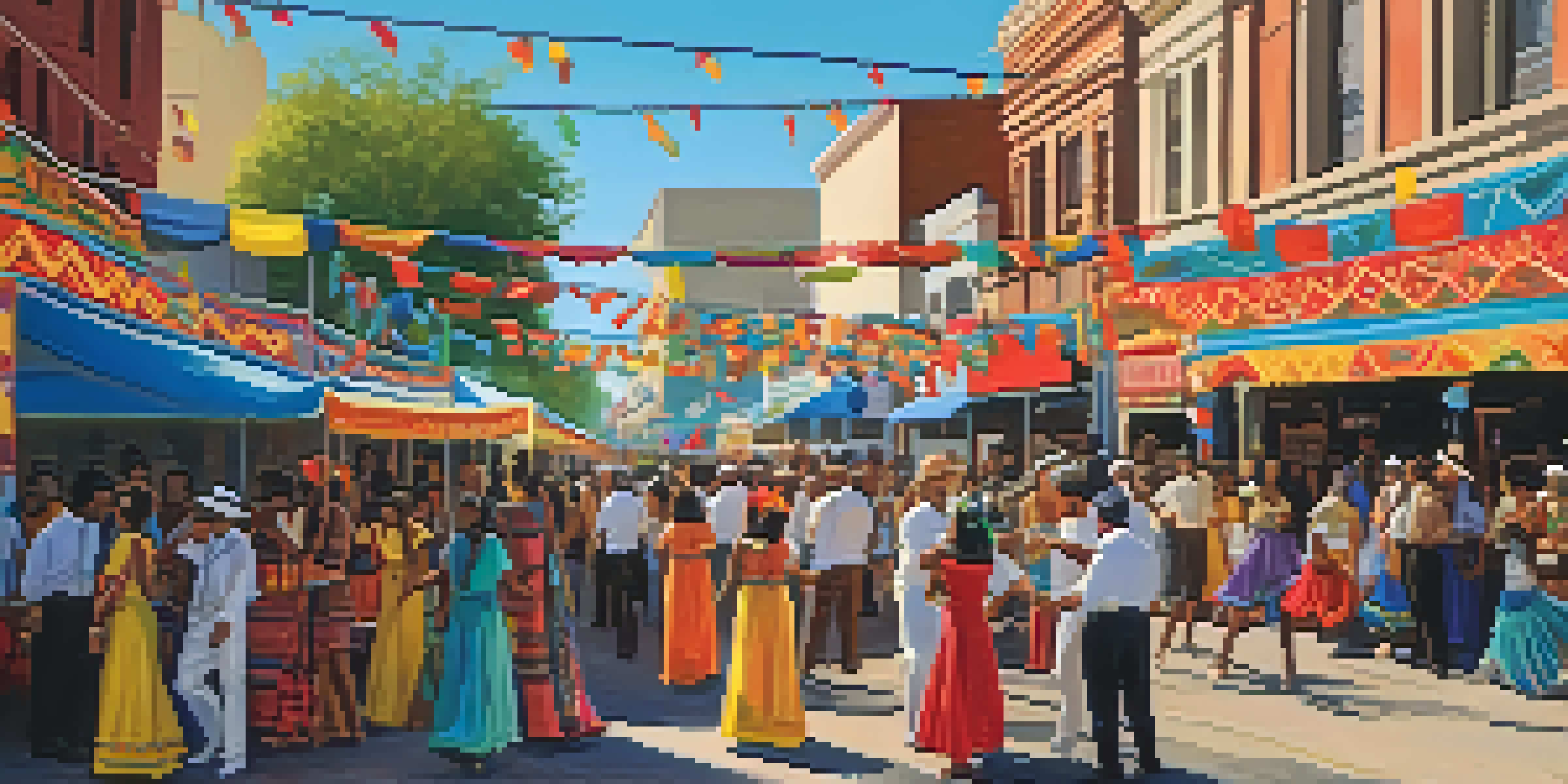 A lively street scene at a cultural festival in Austin, featuring people in traditional clothing, colorful decorations, and food stalls with a stage in the background.