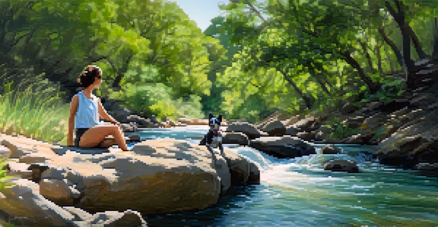 A dog playing in Barton Creek with owner sitting on a rock, surrounded by lush greenery and sunlight filtering through the trees.