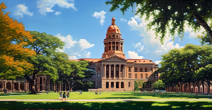A wide view of the University of Texas campus featuring various architectural styles, with the Main Building's tower in the foreground and students on the lawn.