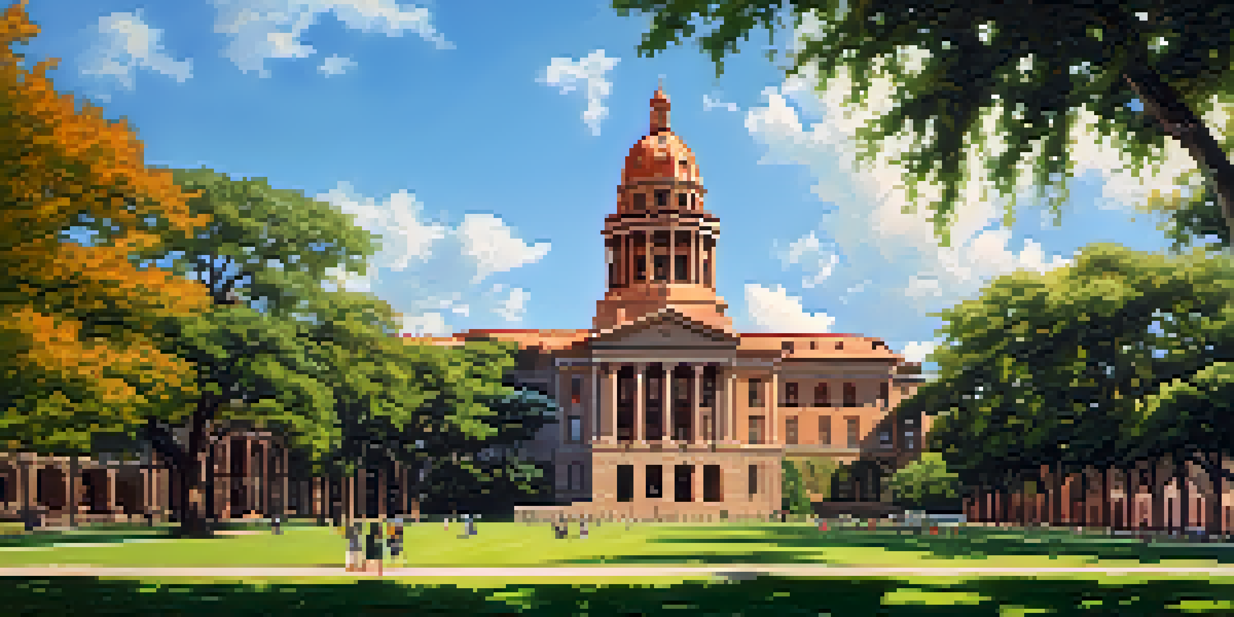 A wide view of the University of Texas campus featuring various architectural styles, with the Main Building's tower in the foreground and students on the lawn.