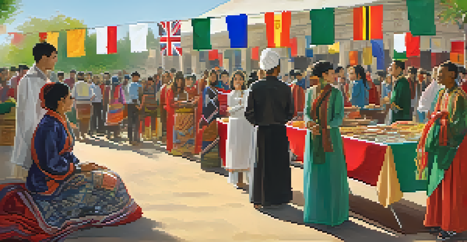 A vibrant cultural event on campus with students in traditional attire and colorful stalls representing various cultures.
