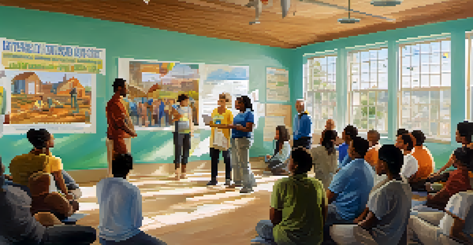 A volunteer training session in a community center with diverse volunteers listening to a coordinator, surrounded by event posters and natural light.