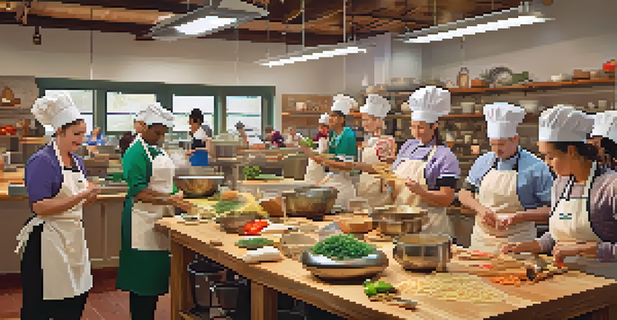 A culinary classroom with students learning cooking techniques from a chef, surrounded by fresh ingredients and kitchen tools.