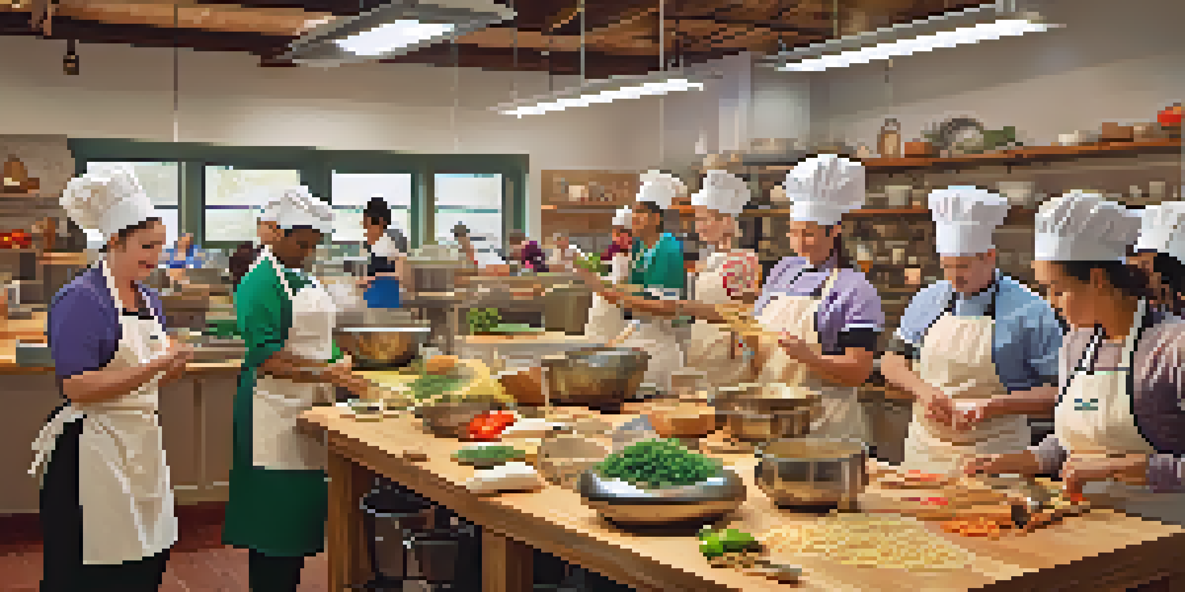 A culinary classroom with students learning cooking techniques from a chef, surrounded by fresh ingredients and kitchen tools.