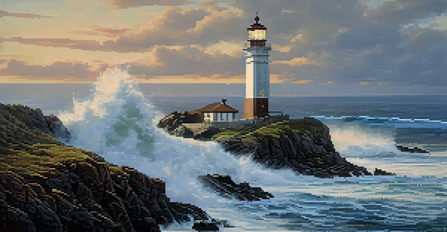 A weathered lighthouse on a rocky coastline during dawn, with soft light illuminating the scene and waves crashing against the shore.