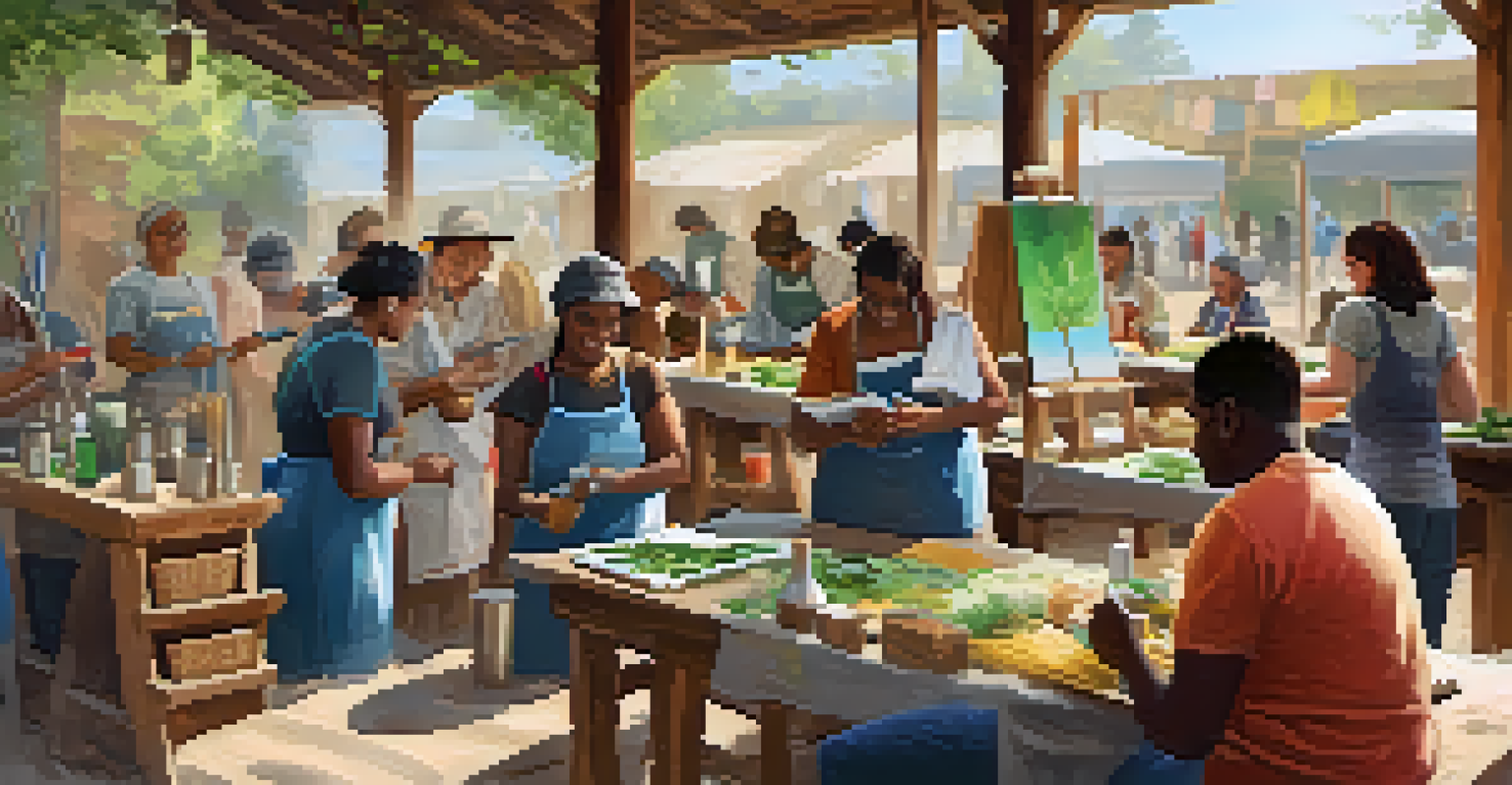 A community workshop at an artisan market with attendees making natural cleaning products under the guidance of artisans.