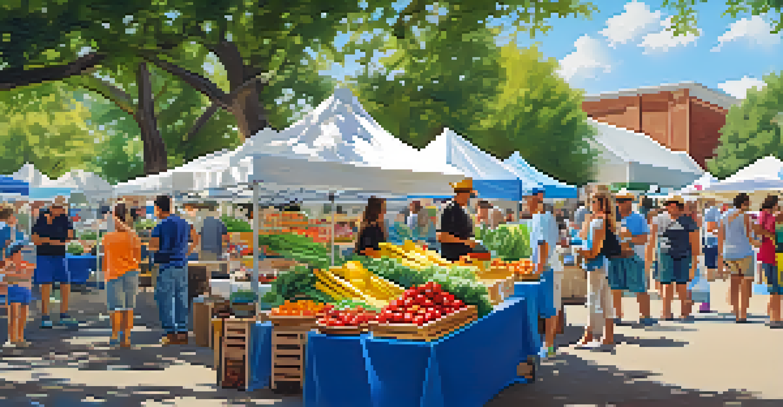 Families enjoying the Texas Farmers' Market at Mueller Lake Park, with colorful stalls and children participating in crafts.
