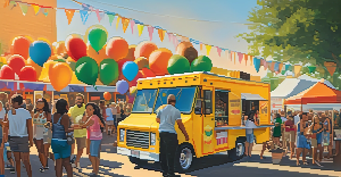 A lively crowd at an Austin festival, gathered around a colorful food truck with warm golden sunlight.