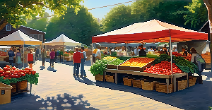 A lively farmer's market with colorful produce, people interacting, and warm sunlight filtering through canopies.