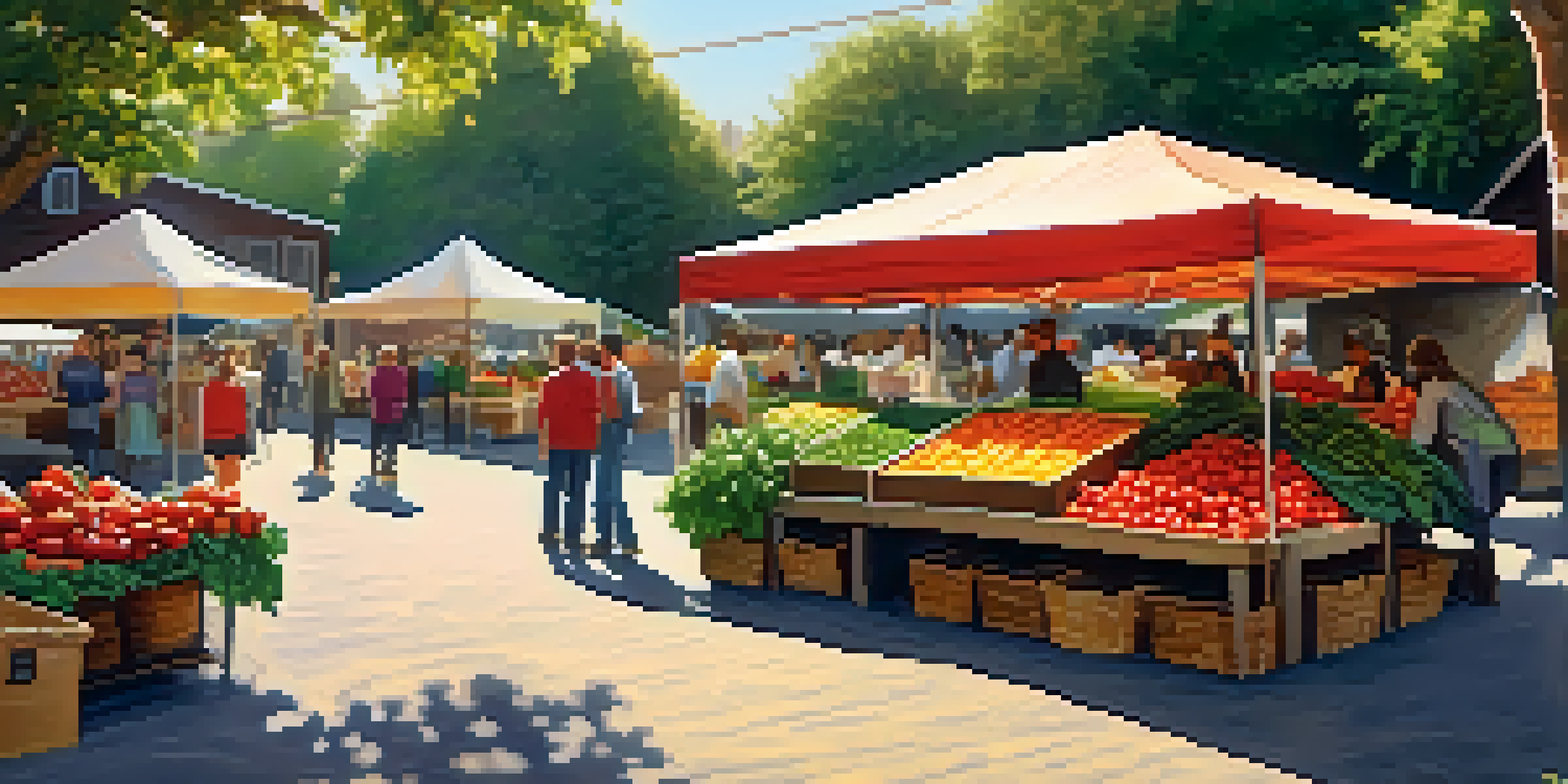 A lively farmer's market with colorful produce, people interacting, and warm sunlight filtering through canopies.