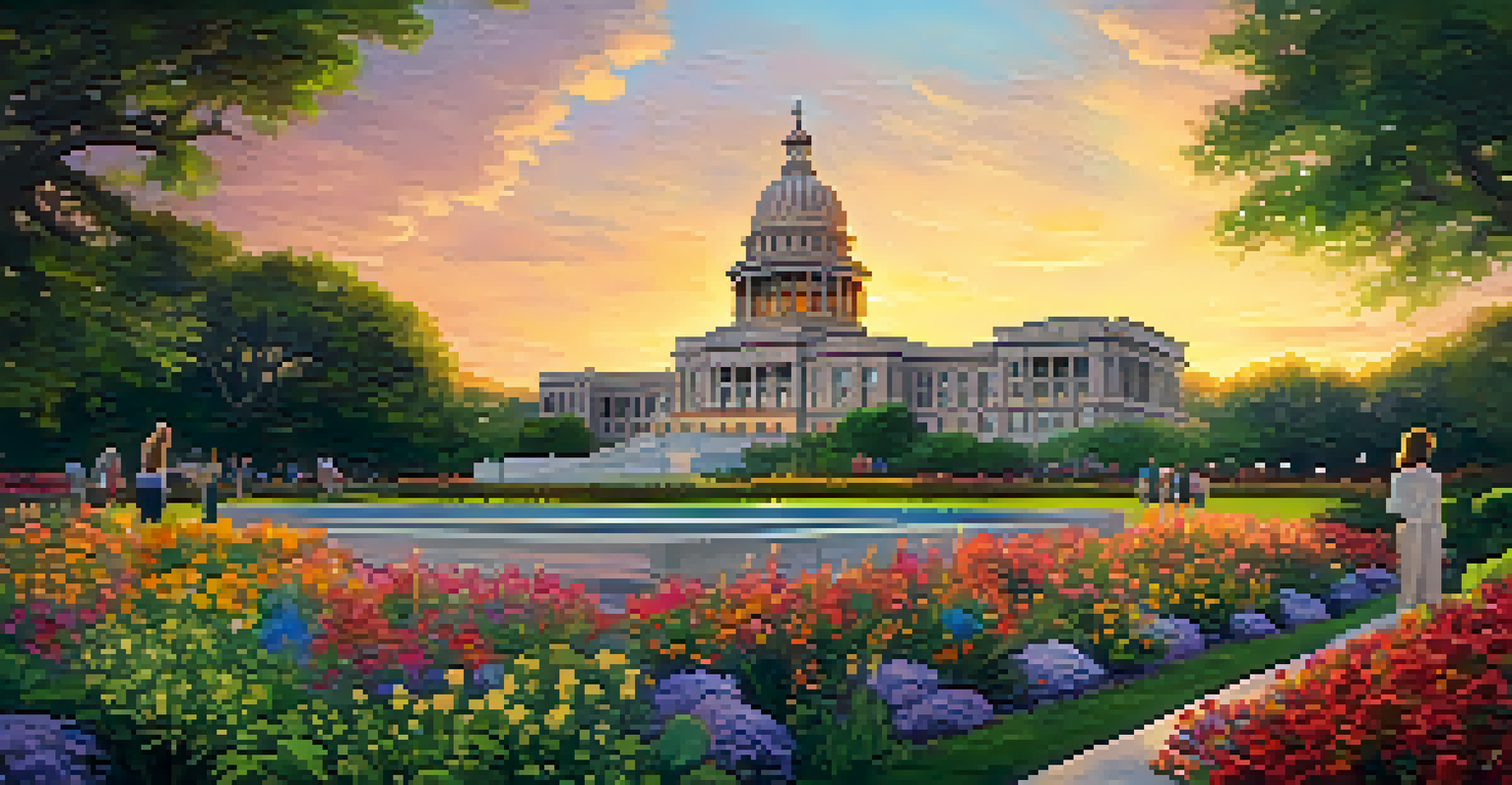 The Texas State Capitol building at sunset, surrounded by gardens, with people reflecting on its importance for LGBTQ+ rights.