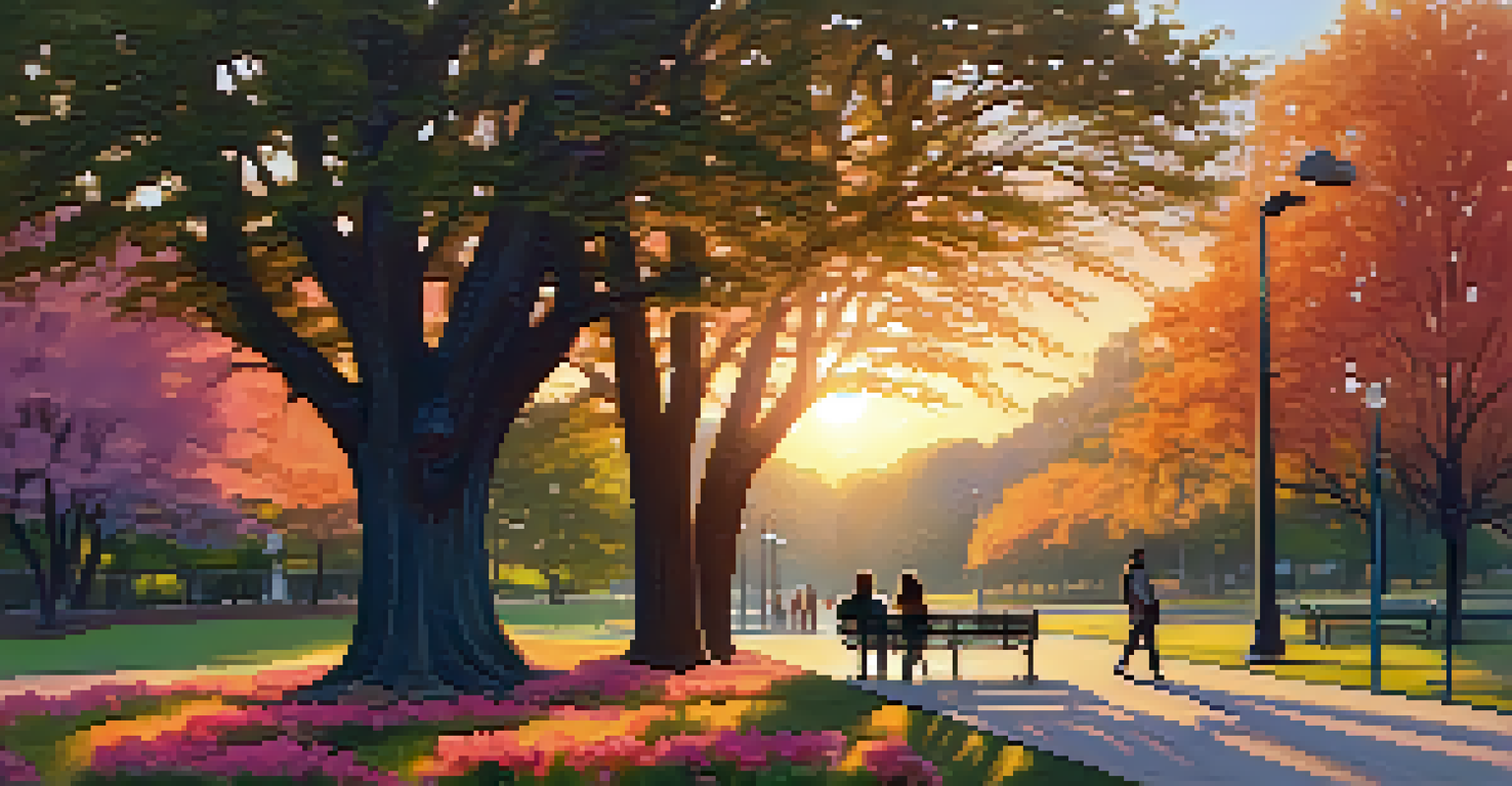 A peaceful sunset scene in an Austin park with a walking path, blooming wildflowers, and a couple strolling hand in hand under a colorful sky.