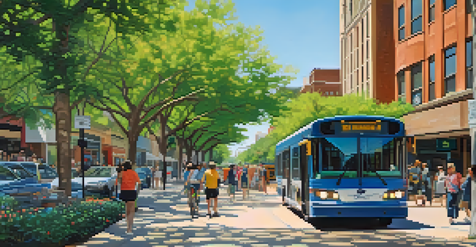 An urban scene in Austin with electric buses, pedestrians on a landscaped sidewalk, and a cyclist, illustrating a sustainable transportation system.