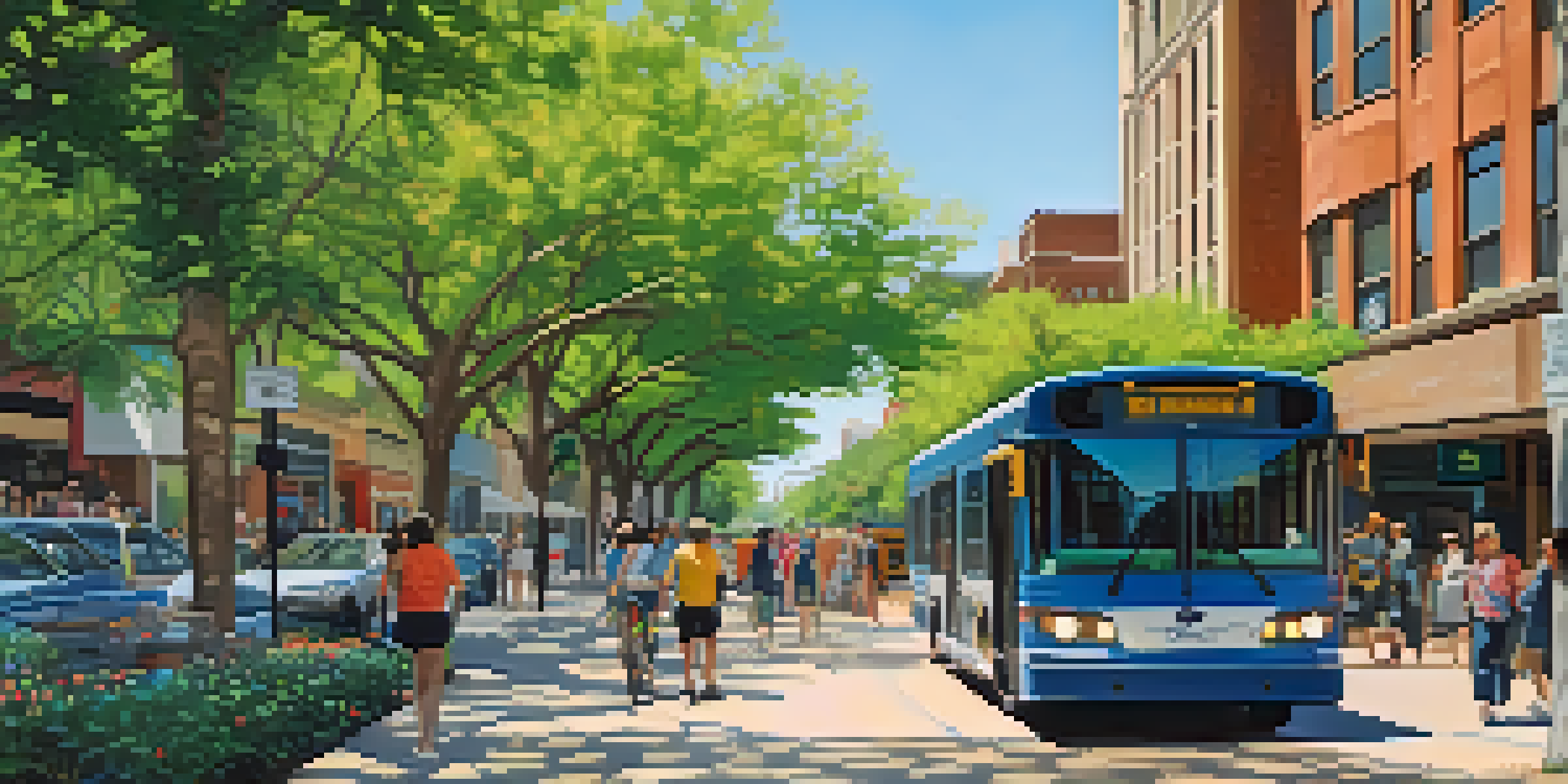 An urban scene in Austin with electric buses, pedestrians on a landscaped sidewalk, and a cyclist, illustrating a sustainable transportation system.