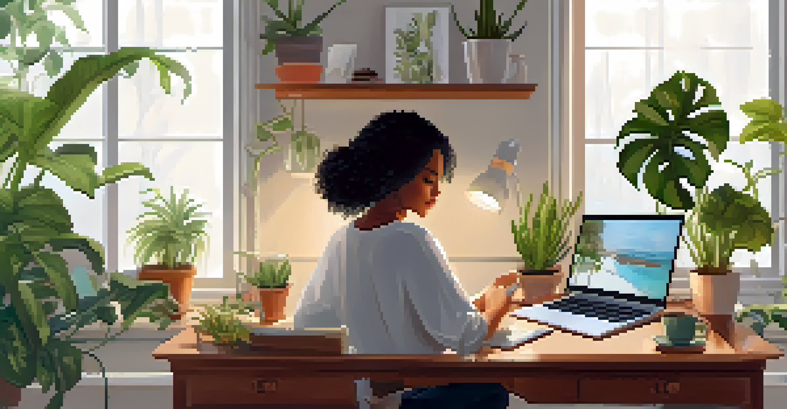 A cozy home office with a person on a couch accessing online therapy on a laptop.