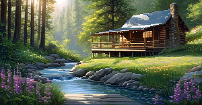 A peaceful retreat setting with a wooden cabin, lush trees, a person practicing yoga, wildflowers, and a stream.