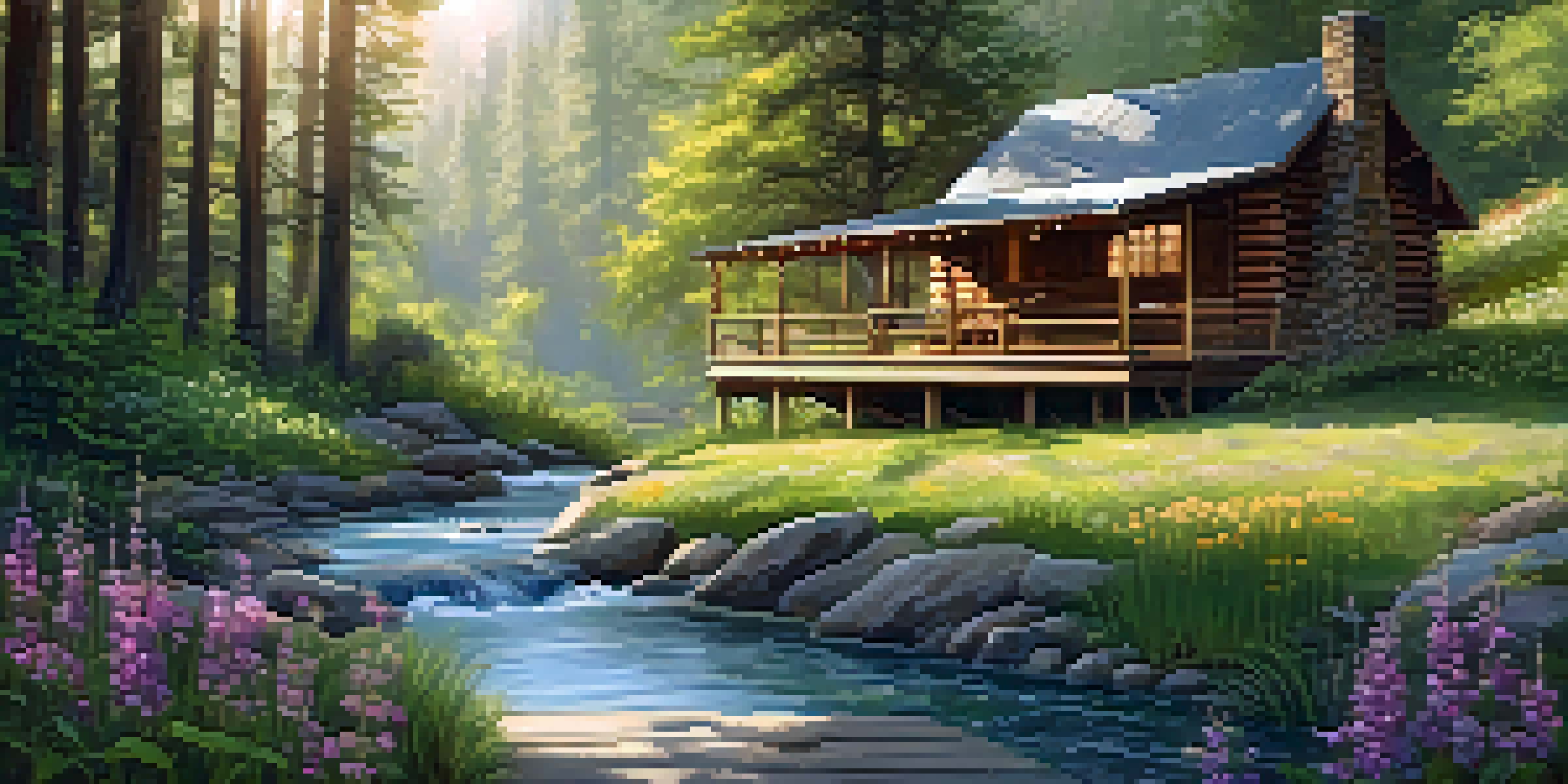 A peaceful retreat setting with a wooden cabin, lush trees, a person practicing yoga, wildflowers, and a stream.