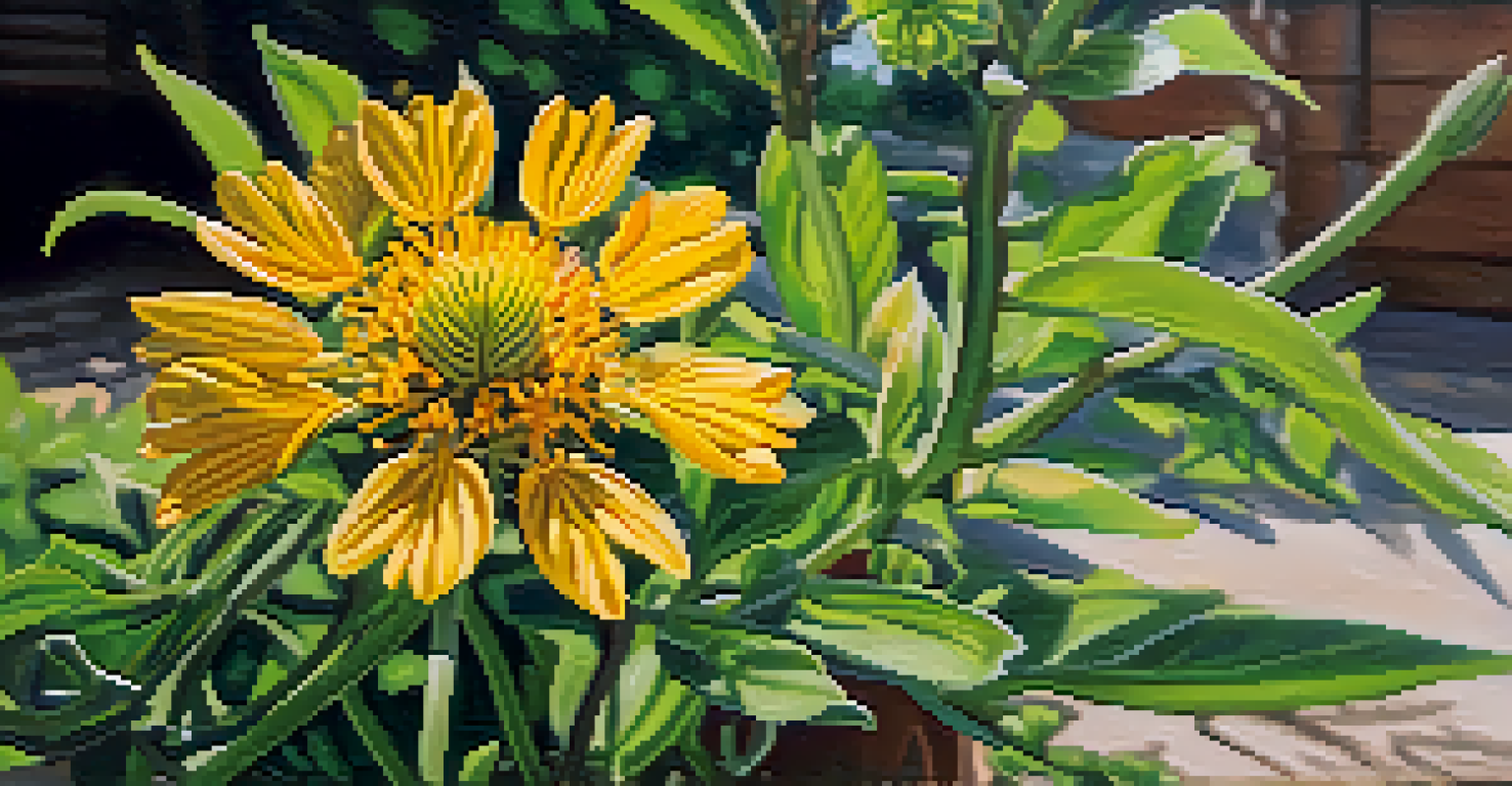 Close-up of a native Texas wildflower with detailed petals and leaves, set against a blurred background of the Wildflower Center.