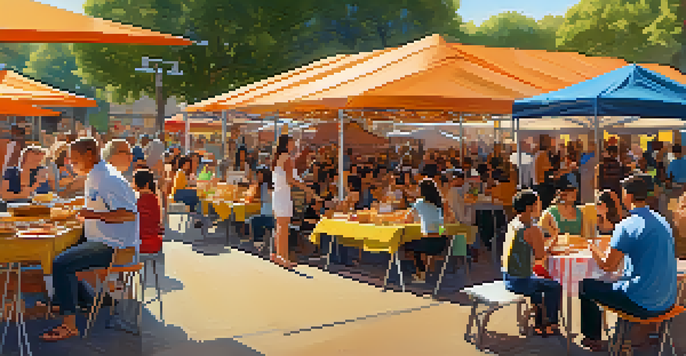 A lively food festival in Austin with people enjoying various cuisines, colorful stalls, and musicians performing.