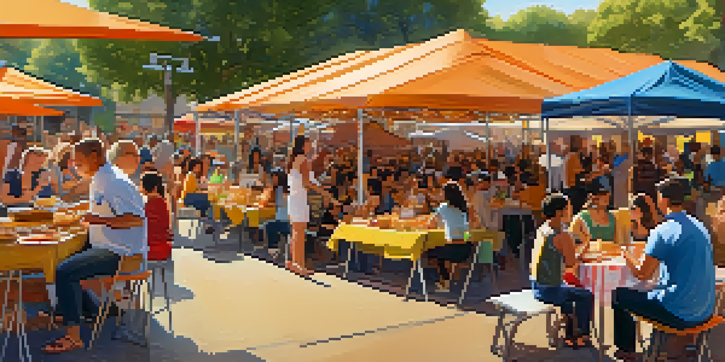 A lively food festival in Austin with people enjoying various cuisines, colorful stalls, and musicians performing.