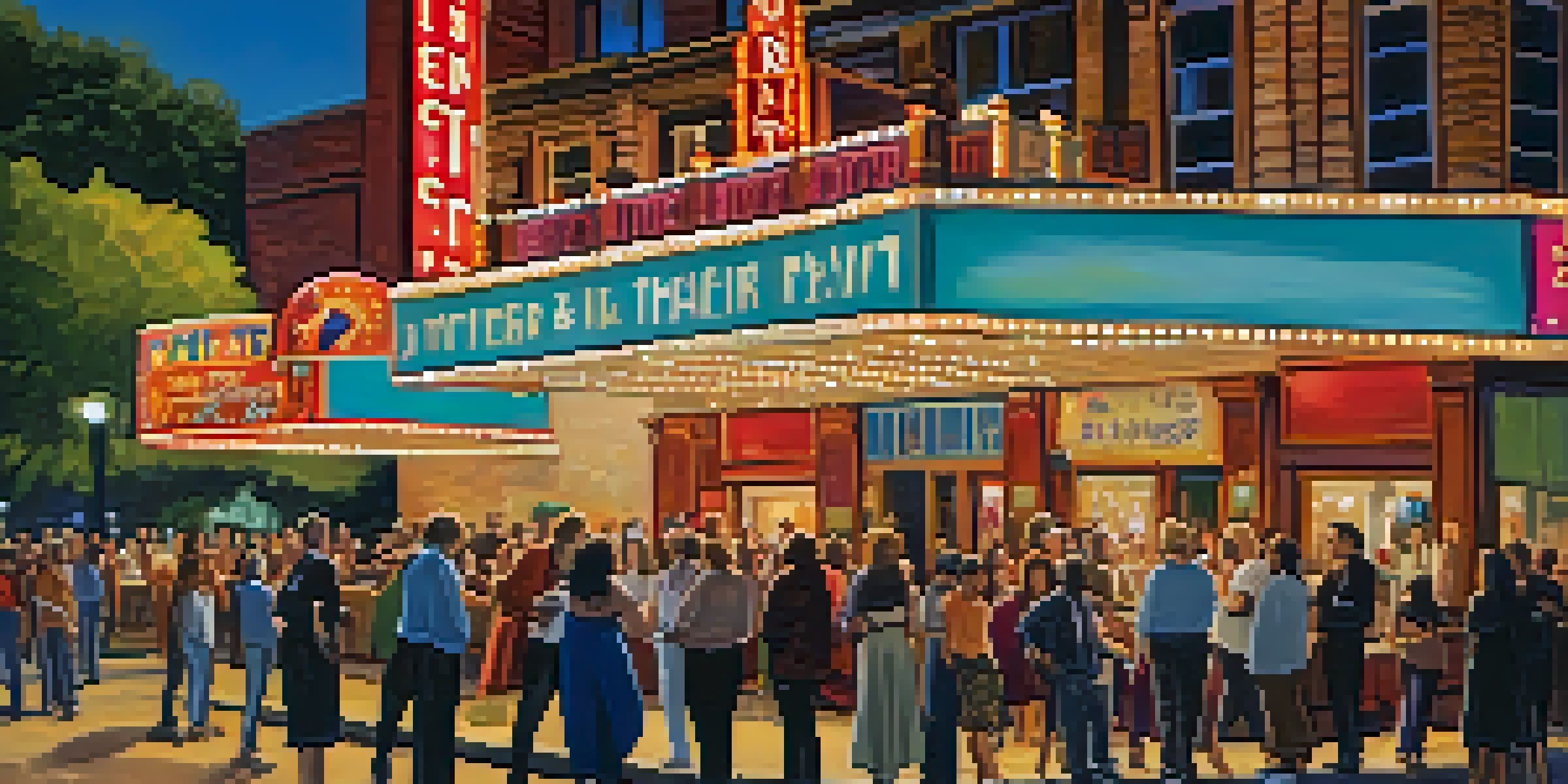 A diverse audience gathered outside a historic theater in Austin, with colorful banners and illuminated exterior, creating a lively atmosphere.