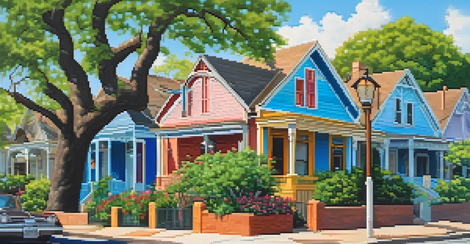 A colorful historic neighborhood in Austin with charming bungalows and the Texas State Capitol in the background.