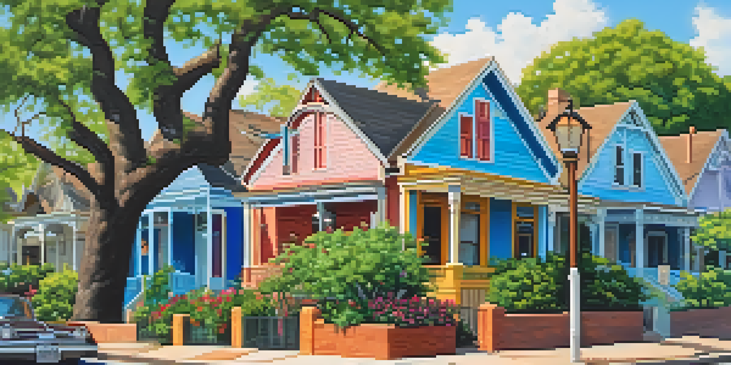 A colorful historic neighborhood in Austin with charming bungalows and the Texas State Capitol in the background.