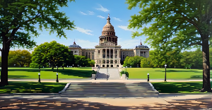 A clear view of the Texas State Capitol building surrounded by green trees and a bright blue sky.
