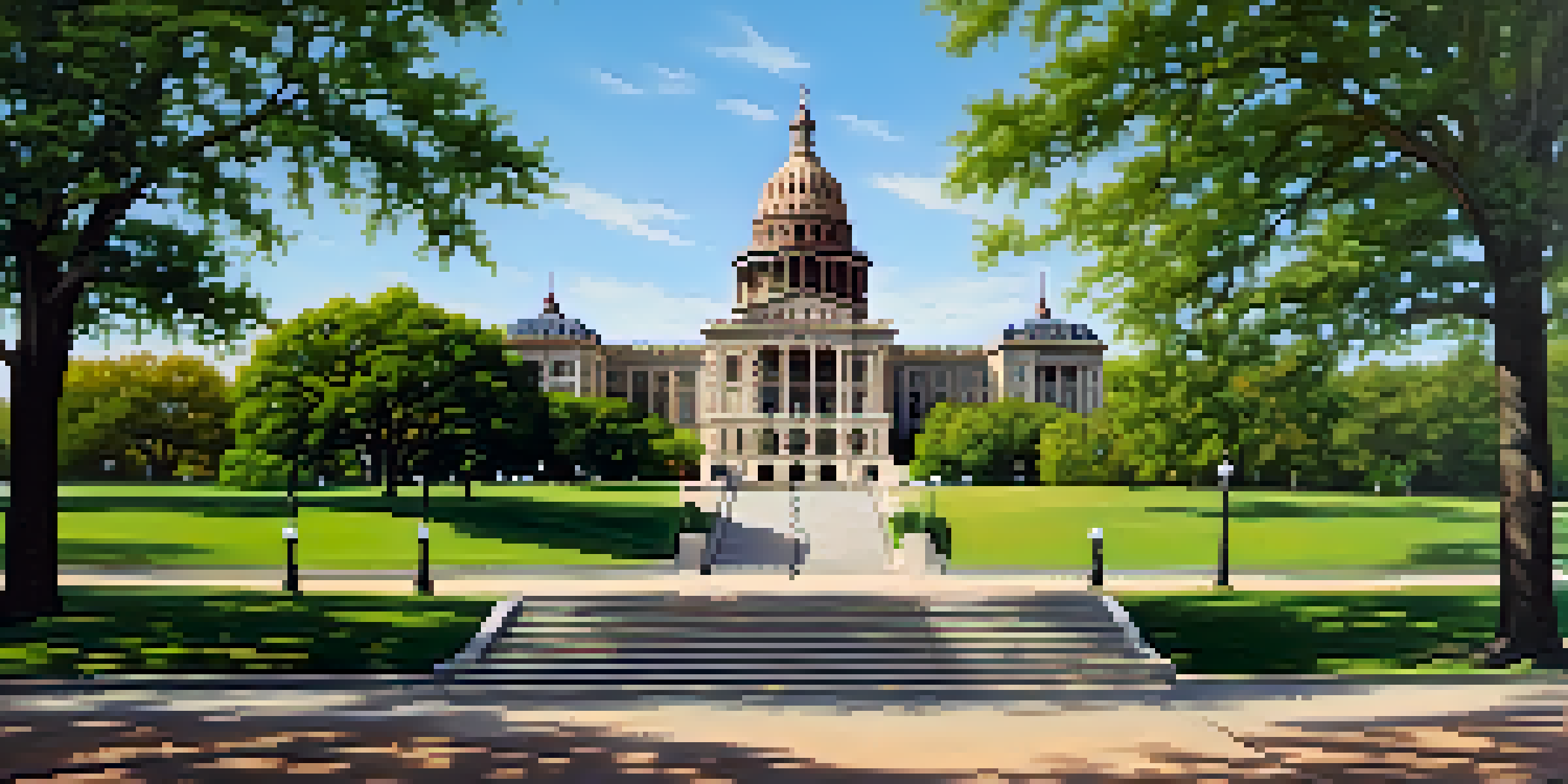 A clear view of the Texas State Capitol building surrounded by green trees and a bright blue sky.