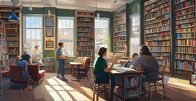 A warm and inviting independent bookstore in Austin, Texas, with sunlight streaming through windows and people reading and browsing books.