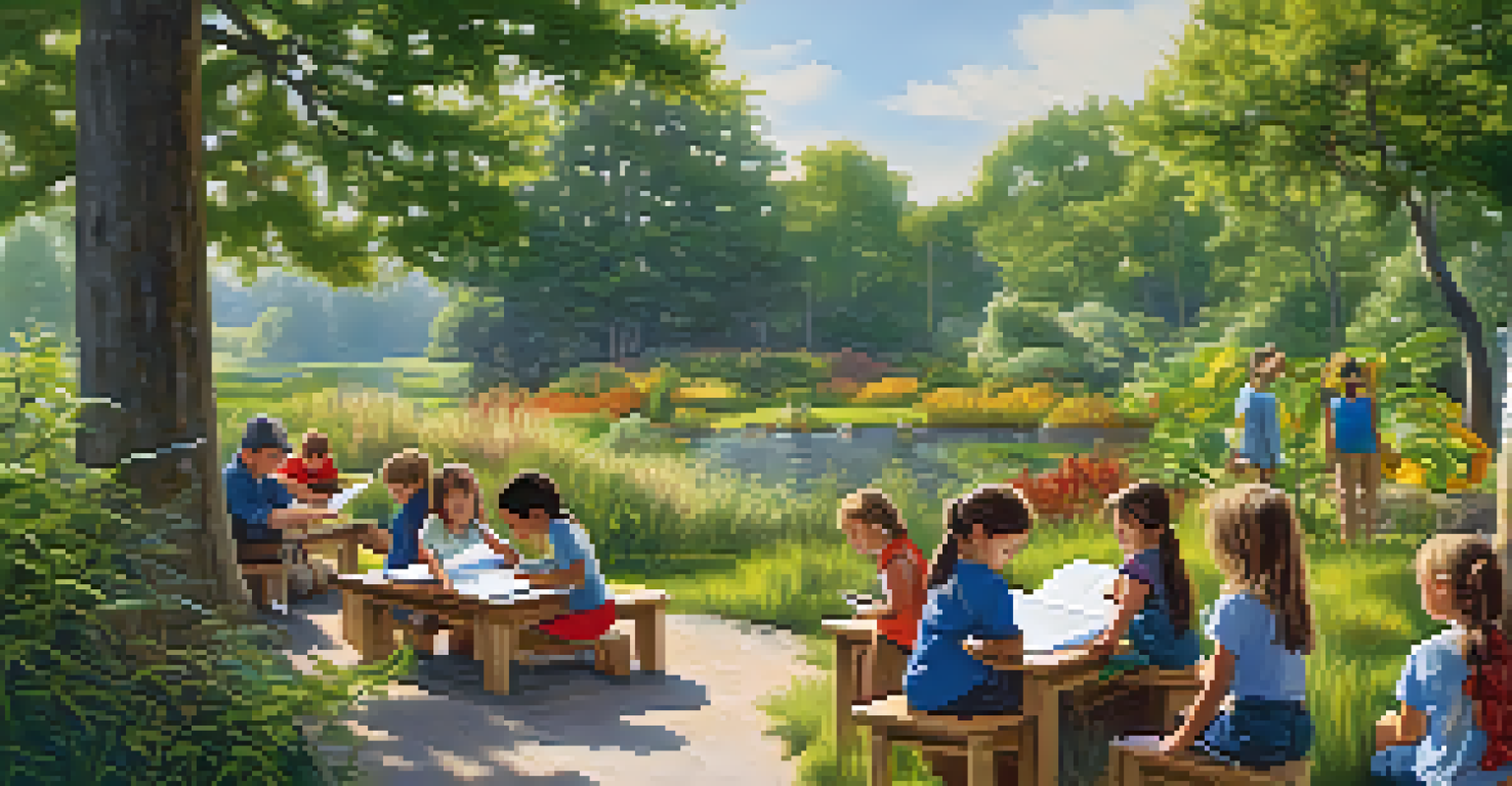 Children learning about plants and animals in an outdoor classroom with instructors guiding them.