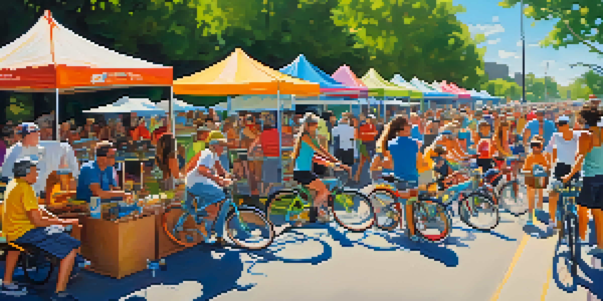 A lively bike festival in Austin with diverse cyclists and colorful booths, set in a sunny park.