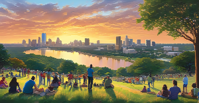 A scenic view of a park in Austin at sunset, showcasing community members planting trees and enjoying nature.