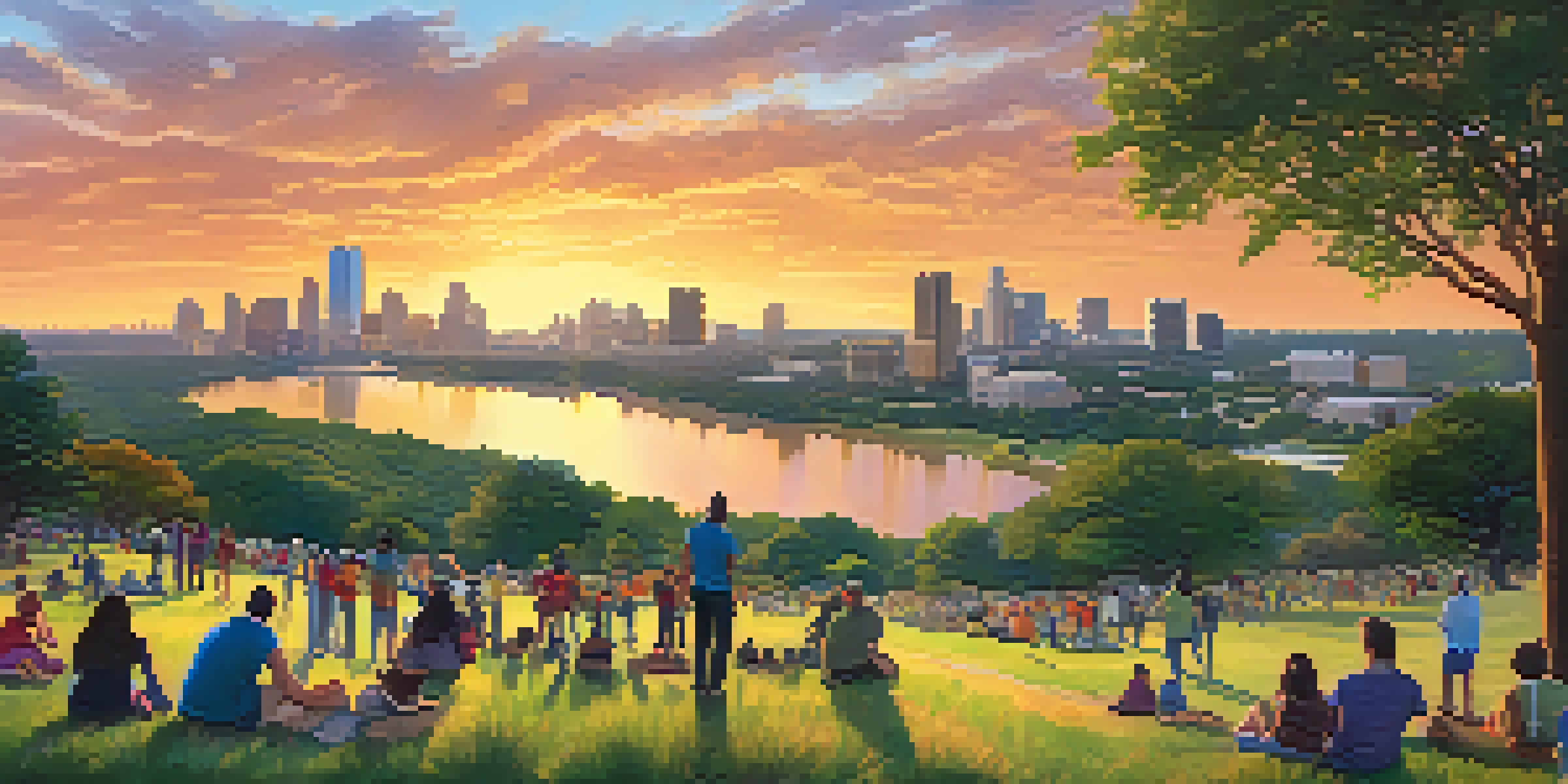 A scenic view of a park in Austin at sunset, showcasing community members planting trees and enjoying nature.