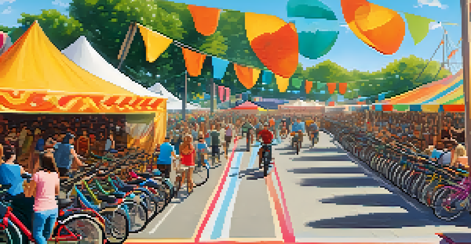 A bicycle parking area at a festival with colorful bikes and attendees, against a backdrop of a solar-powered stage and vibrant banners.