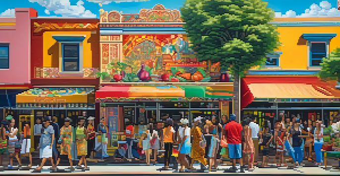 A colorful mural in Austin depicting cultural diversity, with street vendors and diverse people around it on a sunny day.