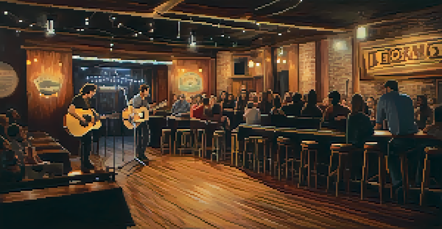 An intimate music venue with a solo guitarist performing to an engaged audience, surrounded by rustic decor and warm lighting.